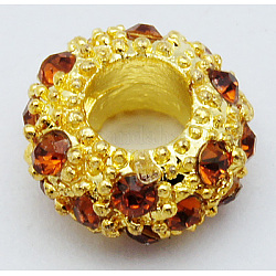 Aleación Diamante de imitación abalorios europeas, Abalorios de grande agujero, color metal dorado, topacio ahumado, 11x6mm, agujero: 5 mm