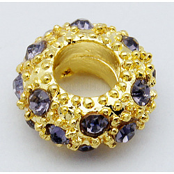 Perline europeo rhinestone  in lega, perline con foro grande, colore metallico oro, tanzanite, 11x6mm, Foro: 5 mm