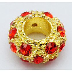 Legierung Rhinestone European Beads, Großloch perlen, Goldene Metall Farbe, Light Siam, 11x6 mm, Bohrung: 5 mm
