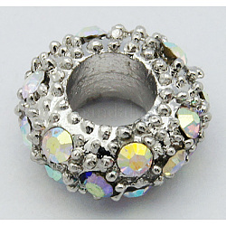 Perline europeo rhinestone  in lega, perline con foro grande, rondelle, colore metallico platino, cristallo ab, 11x6mm, Foro: 5 mm