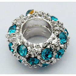 Aleación Diamante de imitación abalorios europeas, Abalorios de grande agujero, rerondana plana, color del metal platino, circón azul, 11x6mm, agujero: 5 mm