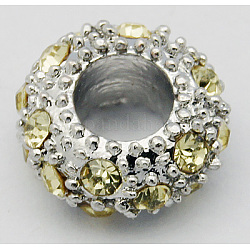 Perline europeo rhinestone  in lega, perline con foro grande, rondelle, colore metallico platino, giunchiglia, 11x6mm, Foro: 5 mm