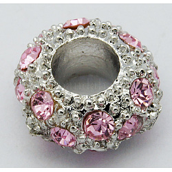 Perles européennes en alliage avec strass, Perles avec un grand trou   , rondelle, de couleur métal platine , rose, 11x6mm, Trou: 5mm