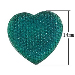 Resin Rhinestone Cabochons, for Valentine's Day Jewelry Design, Heart, Dark Cyan, Size: about 14mm in diameter, 4mm thick