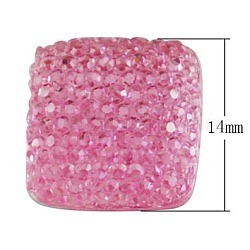 Resin Rhinestone Cabochons, Square, Hot Pink, Size: about 14mm in diameter, 4mm thick