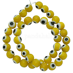 Chapelets de perles de Murano italiennes manuelles, style mauvais œil, ronde, jaune, 8mm, Trou: 1mm, Environ 48 pcs/chapelet, 14 pouce