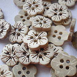 Intagliato 4 pulsante buche cucito di base in forma di fiore, bottone di cocco, vecchio pizzo, circa18 mm di diametro, circa 100pcs/scatola