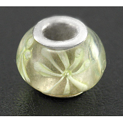 Lampwork European Beads, Large Hole Beads, with Silver Color Brass Core, Rondelle, Clear Light Yellow, about 12~14mm in diameter, 10~11mm thick, hole: 4~5mm