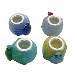 Handmade Lampwork European Beads, Large Hole Beads, with Silver Color Brass Core, Column, Mixed Color, about 14~17mm wide, 10~11mm long, hole: 5mm