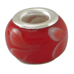 Handmade Lampwork European Beads, Large Hole Beads, with Silver Color Brass Core, Rondelle, Red, about 13~14mm wide, 9~10mm long, hole: 5mm