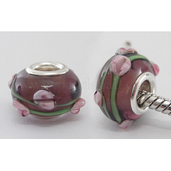 Handmade Bumpy Lampwork European Beads, Large Hole Beads, with Silver Color Brass Core, Rondelle, Purple, about 14~15mm wide, 9~10mm long, hole: 5mm