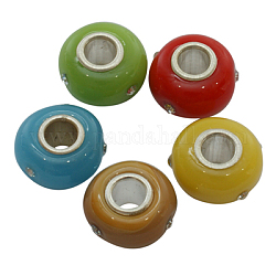 Handmade Lampwork European Beads, with Silver Color Brass Core and Rhinestone, Rondelle, Mixed Color, about 14mm in diameter, 9mm thick, hole: 5mm