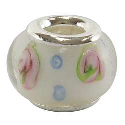 Handmade Lampwork European Beads, Large Hole Beads, with Platinum Color Brass Core, Rondelle, White, about 14mm in diameter, 10mm thick, hole: 5mm