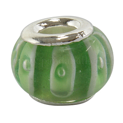 Handmade Lampwork European Beads, Large Hole Beads, with Silver Color Brass Core, Rondelle, Green, about 14mm in diameter, 10mm thick, hole: 5mm