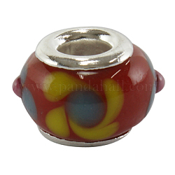 Handmade Lampwork European Beads, Large Hole Beads, with Silver Color Brass Core, Rondelle, Red, about 14mm in diameter, 10mm thick, hole: 5mm