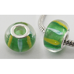 Handmade Lampwork European Beads, with Silver Color Brass Core, Rondelle, Green, 14~15mm in diameter, 9~10mm thick, hole: 5mm