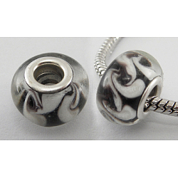 Handmade Lampwork European Beads, Large Hole Beads, with Silver Color Brass Core, Rondelle, Black, about 14~15mm in diameter, 9~10mm thick, hole: 5mm