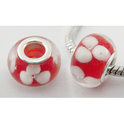 Handmade Lampwork European Beads, Large Hole Beads, with Silver Color Brass Core, Rondelle, Red, about 14~15mm in diameter, 9~10mm thick, hole: 5mm