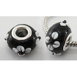 Handmade Bumpy Lampwork European Beads, Large Hole Beads, with Silver Color Brass Core, Rondelle, Black, about 15mm in diameter, 10mm thick, hole: 5mm