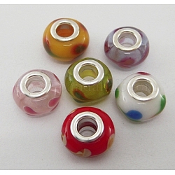 Handmade Lampwork European Beads, Large Hole Beads, with Silver Color Brass Core, Rondelle, Mixed Color, about 14mm in diameter, 9mm thick, hole: 5mm