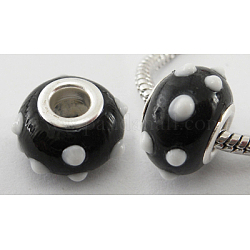 Handmade Bumpy Lampwork European Beads, Large Hole Beads, with Silver Color Brass Core, Rondelle, Black, about 15~17mm in diameter, 9~10mm thick, hole: 4~5mm