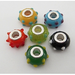Handmade Bumpy Lampwork European Beads, Large Hole Beads, with Silver Color Brass Core, Rondelle, Mixed Color, about 15~17mm in diameter, 9~10mm thick, hole: 4~5mm