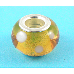 Lampwork European beads, Silver Foil, Silver Color Brass Core, Rondelle, Gold, about 13~15mm wide, 9~12mm long, hole: 4~5mm