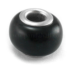 Lampwork European Beads, with Silver Color Brass Core, Rondelle, Black, with diameter: 12mm~14mm, hole: about 4~5mm
