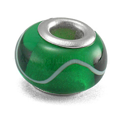 Lampwork European Beads, with Silver Color Brass Core, Rondelle, Green, diameter: 12mm~14mm, hole: about 4~5mm