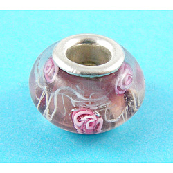 Lampwork European Beads, Large Hole Beads, with Silver Color Brass Core, Rondelle, Purple/Pink, with about 13~15mm wide, 9~12mm long, hole: 4~5mm