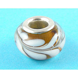 Lampwork European Beads, Large Hole Beads, with Silver Color Brass Core, Rondelle, Lt.Brown/White, about 13~15mm wide, 9~12mm long, hole: 4~5mm