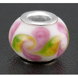 Lampwork European Beads, Large Hole Beads, with Platinum Color Brass Core, Rondelle, White with Yellow/Green/Pink Veins, about 12~14mm in diameter, 9~10mm thick, hole: 4~5mm