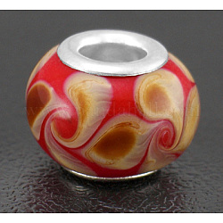 Lampwork European Beads, Large Hole Beads, with Platinum Color Brass Core, Rondelle, Red with BurlyWood Veins, about 12~14mm in diameter, 9~10mm thick, hole: 4~5mm