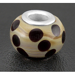 Lampwork European Beads, Large Hole Beads, with Platinum Color Brass Core, Rondelle, White with BurlyWood/WineRed Veins, about 9~10mm wide, 17~18mm thick, hole: 4~5mm