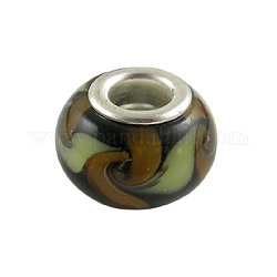 Handmade Lampwork European Beads, Large Hole Beads, with Platinum Color Brass Core, Rondelle, Colorful, about 14mm wide, 10mm long, hole: 5mm