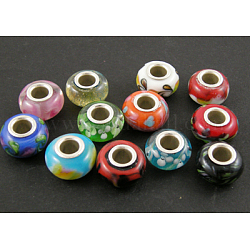Handmade Lampwork European Beads, with Sterling Silver Core, Rondelle, Mixed Color, about 13mm wide, 7.5mm long, hole: 4.5mm