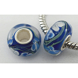 Handmade Lampwork European Beads, Large Hole Beads, with Sterling Silver Core, Rondelle, Colorful, about 13~14mm in diameter, 7~8mm thick, hole: 4mm