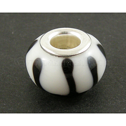 Handmade Lampwork European Beads, with Silver Plated Brass Core, Rondelle, White/Black, about 13mm wide, 9mm long, hole: 5mm
