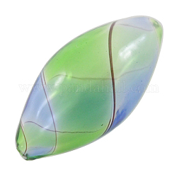 Handmade Blown Glass Beads, Spindle, Lime/Cornflower Blue, about 14mm wide, 28mm long, hole: 2mm