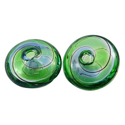 Handmade Blown Glass Beads, Flat Round, Green/Light Blue, about 15mm wide, 10mm long, hole: 1.5~2mm