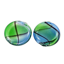 Handmade Blown Glass Beads, Flat Round, Green/Light Blue, about 20mm in diameter, 8~9mm thick, hole: 1.5~2mm