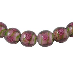 Handmade Gold Sand Lampwork Beads Strands, with Flower Inlaid, Round, Flamingo, 12mm in diameter, hole: 2mm, 33pcs/strand