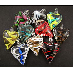 Ideas for Valentines Day for Her Romantic Handmade Lampwork Pendants, Stripe, Heart, Mixed Color, about 29~31mm wide, 42~44mm long, 13~14mm thick, hole: 5~7mm