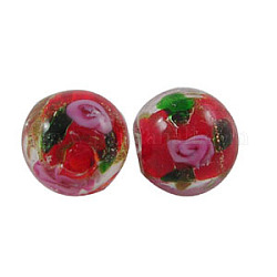 Handmade Gold Sand Lampwork Beads, with Flower Inlaid, Round, Red, Size: about10mm in diameter, hole: 1.5~2mm