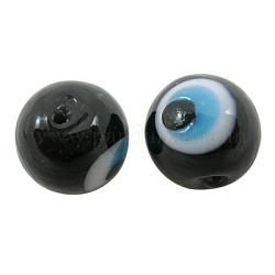 Perles vernissées manuelles, mauvais œil, ronde, noir, environ 10 mm de diamètre, Trou: 1mm