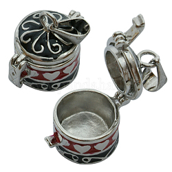 Brass Pendant, Prayer Box, Barrel, Platinum, Black/Red, about 22mm wide, 25mm long, hole: 4mm