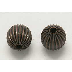 Brass Corrugated Beads, Round, Red Copper Color, about 10mm in diameter, hole: 2mm