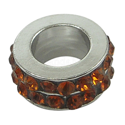 Large Hole Beads, European Brass Rhinestone Beads, Rondelle, Platinum, Orange, 11x5mm, Hole: 6mm