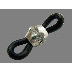 Eyeglass Holders, Glasses Rubber Loop Ends, Brass, with Rhinestones, Nickel Free, Platinum Color, about 6.5mm wide, 25mm long