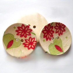Painted 2-hole Button with Small Broken Flowers, Wooden Buttons, Colorful, about 30mm in diameter, hole: 3mm
